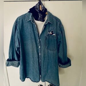 Disney Mickey Mouse Button Down Shirt Women’s L Embroidered 100% Cotton Vintage